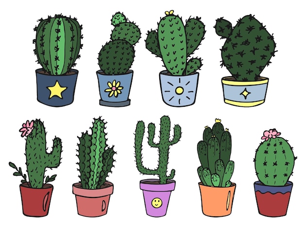 Set van schattige handgetekende cactusillustratie Kamerplant in een pot clipart Cosy home doodle