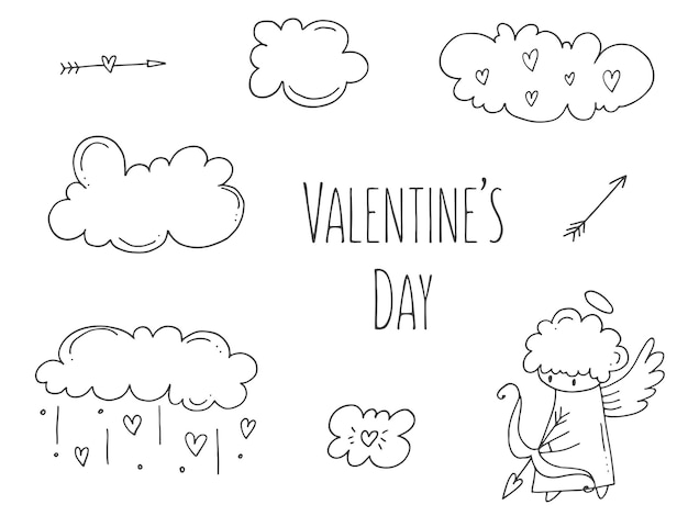 Set van schattige handgetekende doodle elementen over liefde bericht stickers voor apps pictogrammen voor valentijnsdag romantische evenementen en bruiloft cupido met een pijl en boog in de wolken