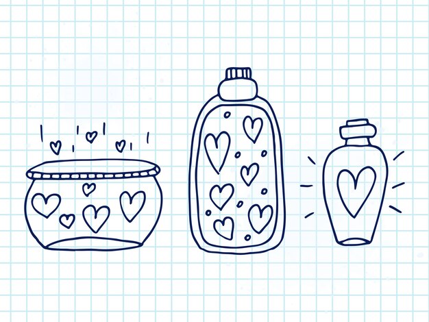 Set van schattige handgetekende doodle elementen over liefde Bericht stickers voor apps Pictogrammen voor Valentijnsdag romantische evenementen en bruiloft Een geruite notebook Potten met hartjes en liefdesdrankje