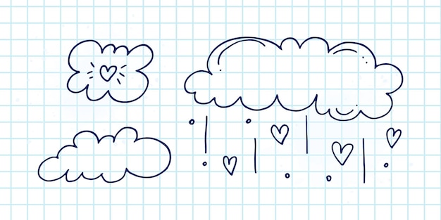 Set van schattige handgetekende doodle elementen over liefde bericht stickers voor apps pictogrammen voor valentijnsdag romantische evenementen en bruiloft een geruite notebook wolken en regen uit harten
