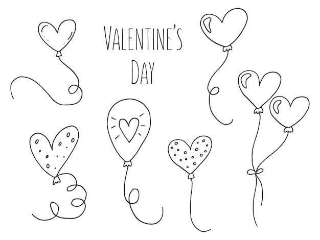 Vector set van schattige handgetekende doodle elementen over liefde berichtstickers voor apps pictogrammen voor valentijnsdag romantische evenementen en bruiloft ballonnen in de vorm van harten vliegen