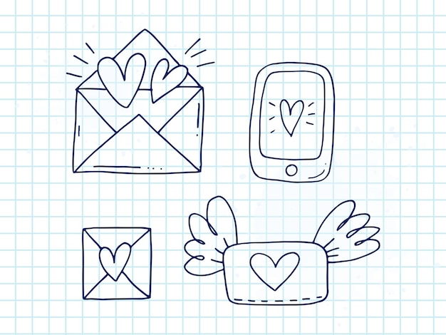Set van schattige handgetekende doodle elementen over liefde Berichtstickers voor apps Pictogrammen voor Valentijnsdag romantische evenementen en bruiloft Geruite notebook Enveloppen met liefdesbrief en vleugels en telefoon