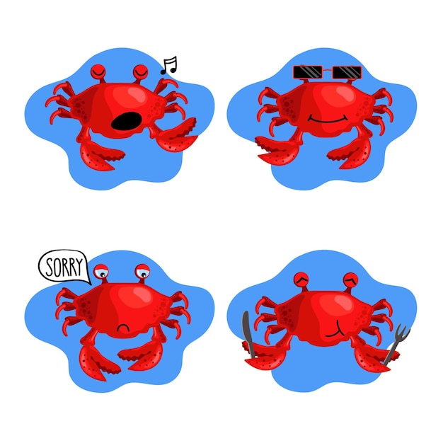 Set van schattige handgetekende krabben die zingen met een zonnebril die spijt hebben van het eten