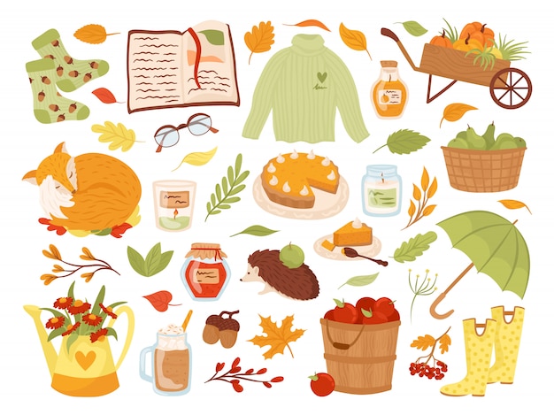 Set van schattige herfst dierlijke karakters, planten en voedsel illustratie. Herfst seizoen. Vos, pompoenen, taart. Verzameling herfst plakboekelementen voor feest, oogstfeest of Thanksgiving day.
