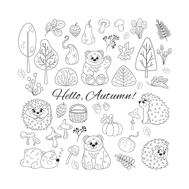 Set van schattige herfst doodle elementen Bos dieren Verzameling van doodle overzicht elementen voor het kleuren van boek kinderen ontwerp