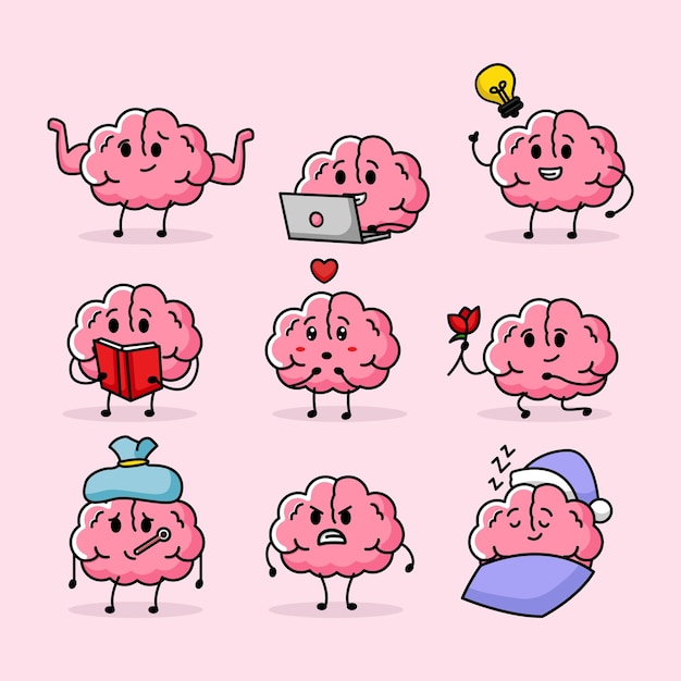 Set van schattige hersenen met verschillende emoties en pose