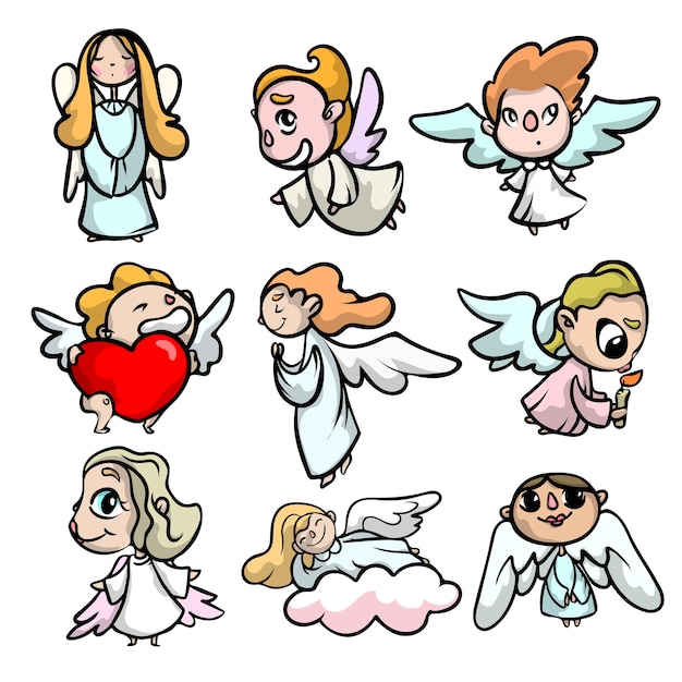 Set van schattige jongen engelen met grappig gezicht en lichte vleugels. cartoon stijl.