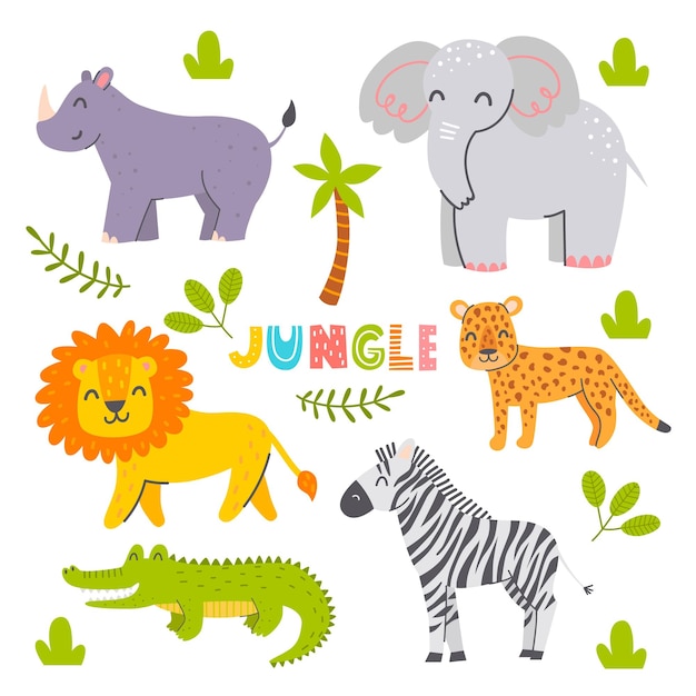 Set van schattige jungle dieren Tekens voor kinderen Vector kinderachtige illustratie