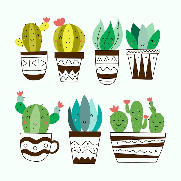 Set van schattige kamerplanten in potten Doodle stijl vector illustratie geïsoleerd op witte achtergrond voor uw ontwerp