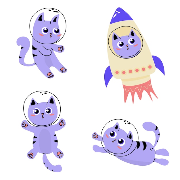 Vector set van schattige kat astronaut personage clipart elementen