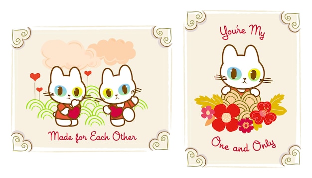 Set van schattige kat badge frame-ontwerp met bloem en liefde tekening