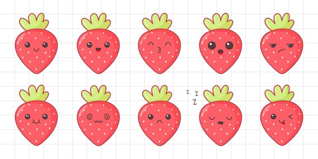 Vector set van schattige kawaii aardbeien personage met een grappige emoji vector illustratie op witte achtergrond