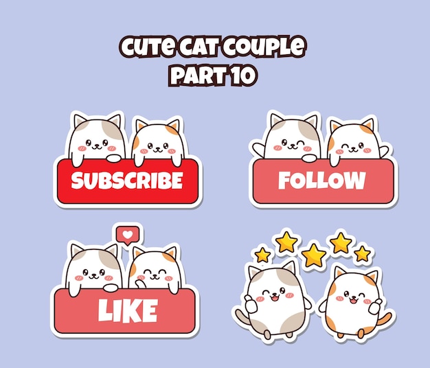 Set van schattige kawaii kattenpaar sociale media sticker emoji abonneren volg als perfect plat ontwerp