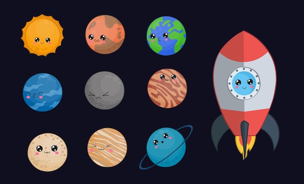 Set van schattige Kawaii planeten illustratie. Set van tien ruimteobjecten van ons zonnestelsel.