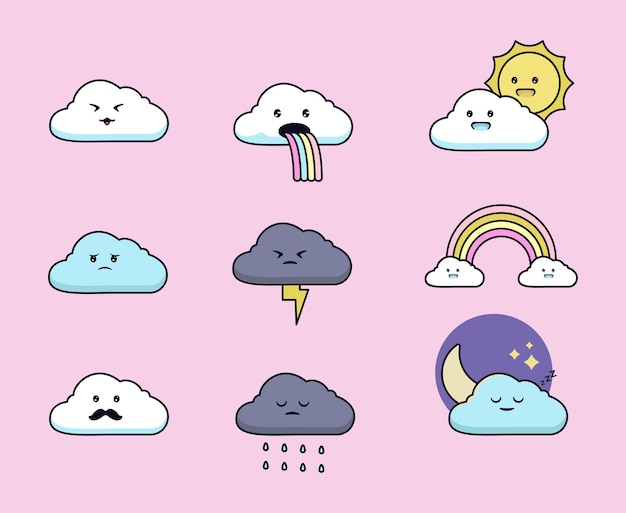 Vector set van schattige kawaii wolk illustratie