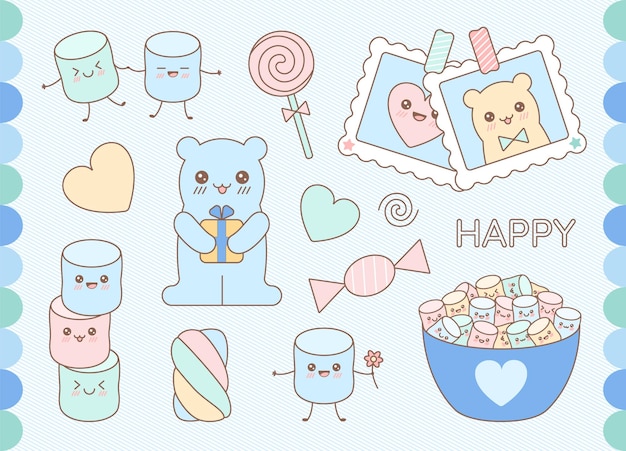 Vector set van schattige kawaii zoete personages marshmallow beer hart en snoep