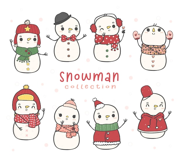 Set van schattige kerst sneeuwpop en sneeuwmeisje cartoon hand tekenen doodle overzicht illustratie vector