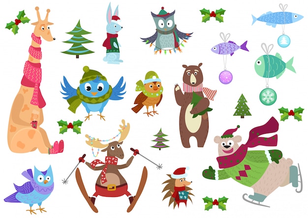 Set van schattige kerst winter dieren en vissen met kleurrijke decoraties.