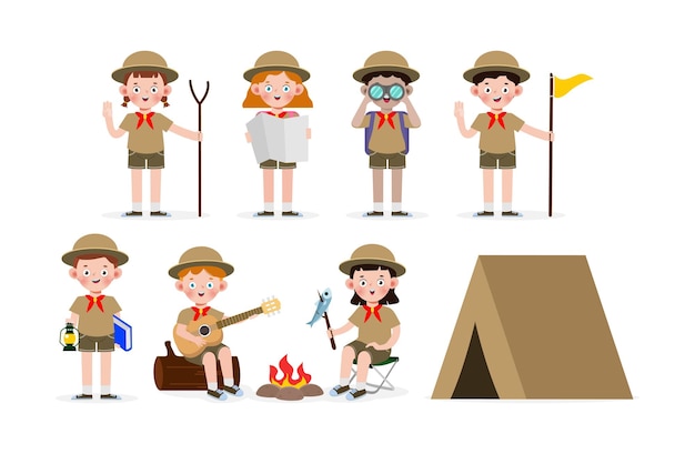 Vector set van schattige kleine kinderen dragen scout eer uniform boy scouts gitaar spelen rond het kampvuur