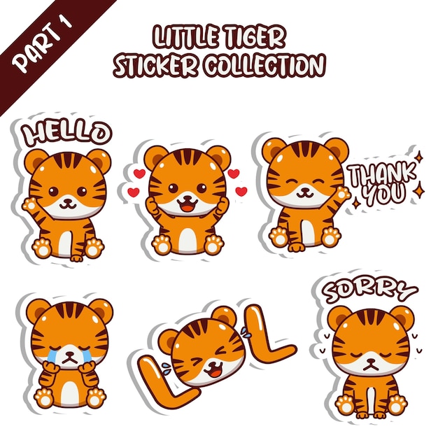 Vector set van schattige kleine tijger stickercollectie hallo liefde bedankt huilen lol sorry emoticon