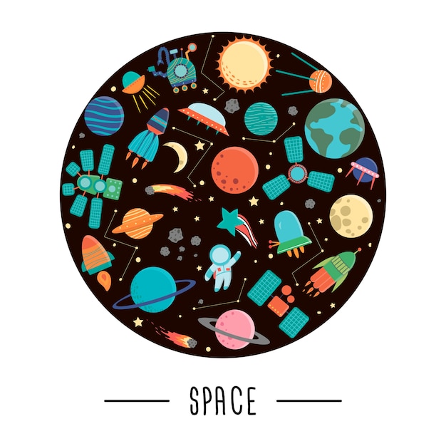 Set van schattige kosmische ruimte-elementen met ruimteschip, planeten, sterren, ufo voor kinderen ingelijst in de ruimte cirkel.
