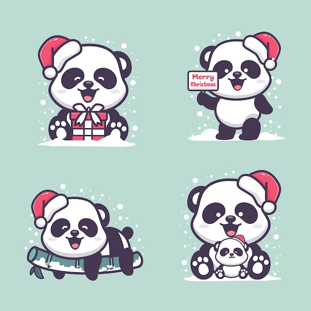 Set van schattige panda die kerst viert. Met cadeau, baby en bamboe. Kawaii-stijl