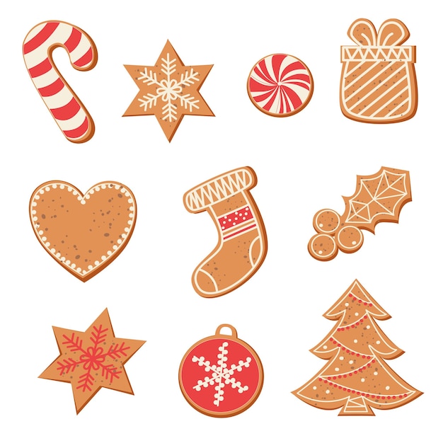 Vector set van schattige peperkoekkoekjes voor kerstmis peperkoekkoekjes voor de wintervakantie eten