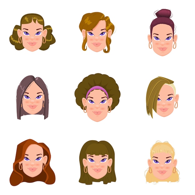 Set van schattige platte vrouwen avatars met verschillende kapsels