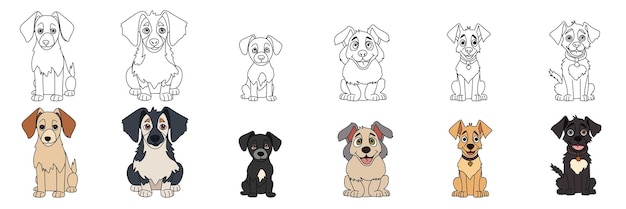 Vector set van schattige puppy doodle stijl en gekleurde omtrek collectie van kleine hond geïsoleerd op wit