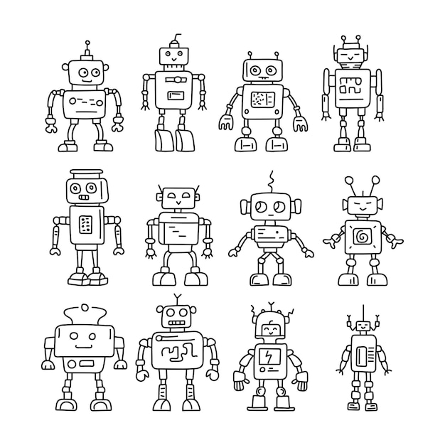 Set van schattige robots in doodle stijl voor kinderen vector illustratie