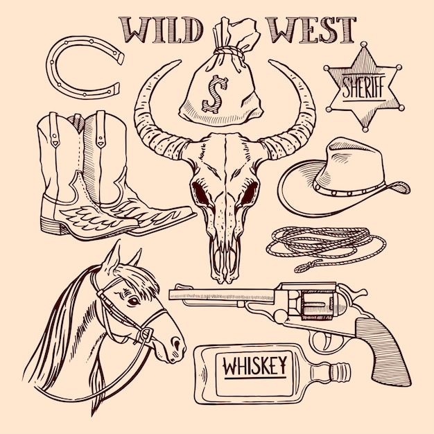 Set van schattige schets cowboy accessoires. handgetekende illustratie