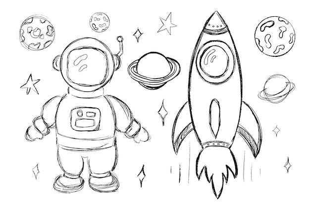 Set van schattige schets planeten sterren raket en astronaut geïsoleerd op witte achtergrond Baby kids design