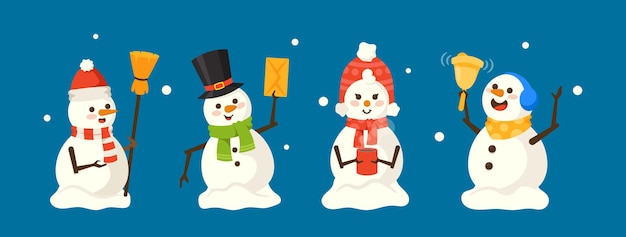 Set van schattige speelse sneeuwmannen, kerstpersonages dragen gebreide en hoge hoed, sjaal, envelop, bel en bezem. gelukkig nieuwjaar, merry xmas design elements collection. cartoon vectorillustratie