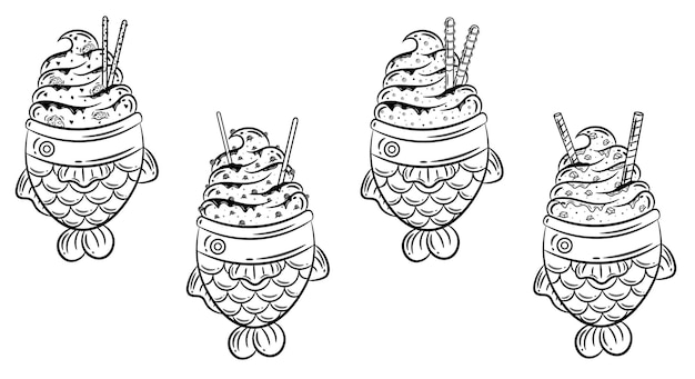 set van schattige Taiyaki ijs tekening stickers schets om in te kleuren