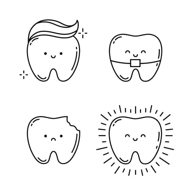 Set van schattige tanden geïsoleerd op witte achtergrond Tandheelkundige zorg Concept Schoon gezonde tand en ziek