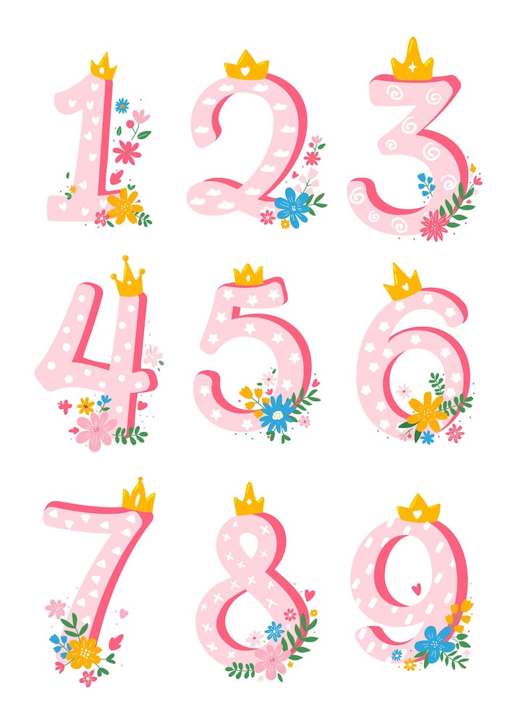 Vector set van schattige, tekenfilm, girly nummers van 1 tot 10 met bloemen voor uitnodiging, kaartsjabloon. cartoon element. platte vectorillustratie.