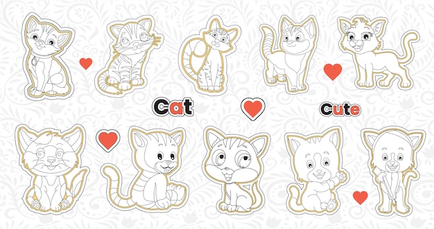 Set van schattige valentijn kat stickers collectie afdrukbare dieren sticker bundel doodle huisdier voor kinderen