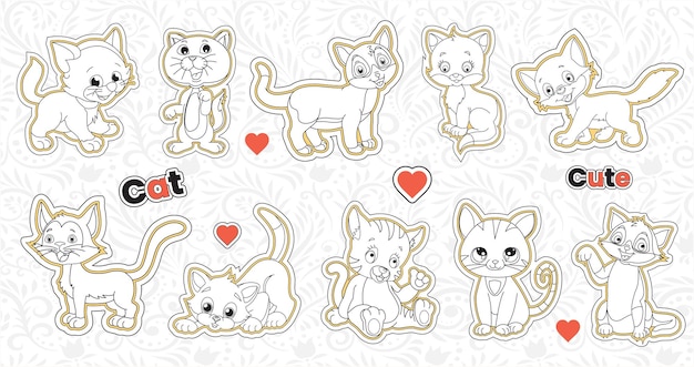 Set van schattige valentijn kat stickers collectie afdrukbare dieren sticker bundel doodle huisdier voor kinderen