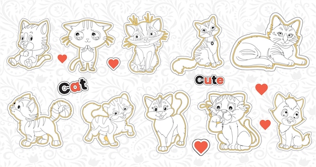 Set van schattige valentijn kat stickers collectie afdrukbare dieren sticker bundel doodle huisdier voor kinderen