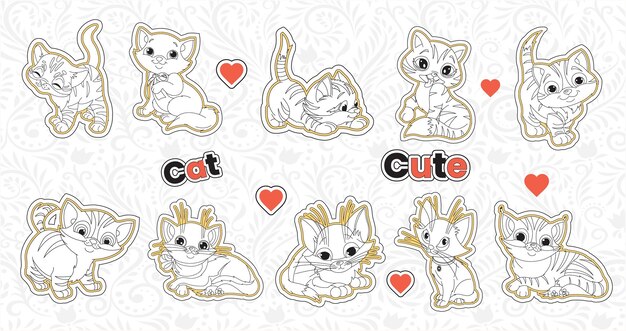 Set van schattige valentijn kat stickers collectie afdrukbare dieren sticker bundel doodle huisdier voor kinderen