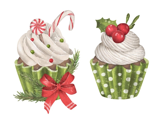 Vector set van schattige vector aquarel kerst en nieuwjaar cupcakes met bessen en lolly's