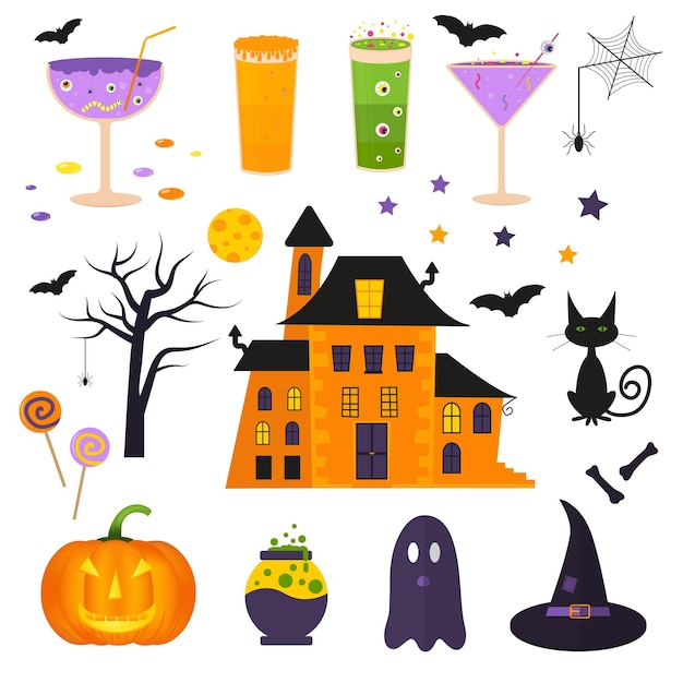 Set van schattige vector Halloween iconen van pompoen kasteel kat ghos