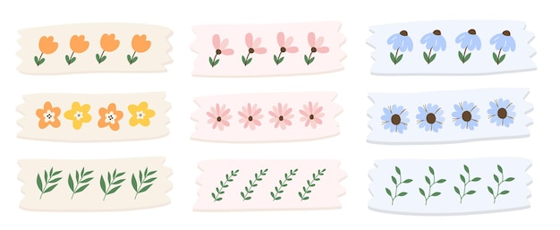 Set van schattige washi-tape met bloemen en bladeren als thema. Oranje, roze en blauwe washi tape.