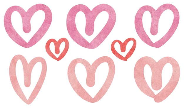 Set van schattige waterverf doodle roze en rode harten