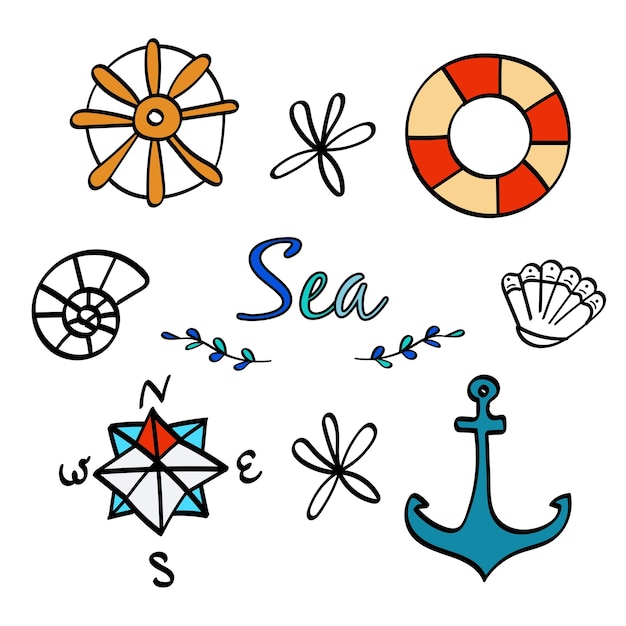 Set van schattige zee-elementen doodle iconen