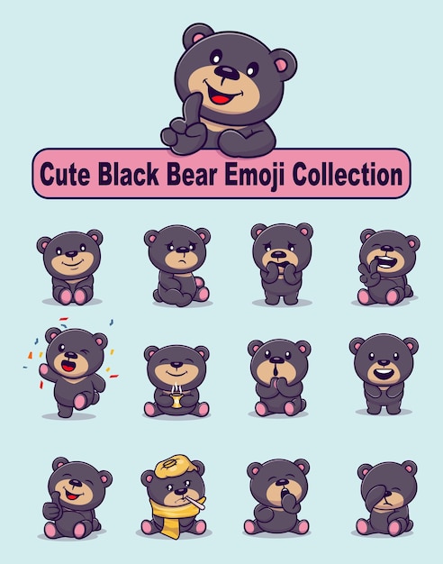 Set van schattige zwarte beer karakter in verschillende poses sticker cartoon vectorillustratie