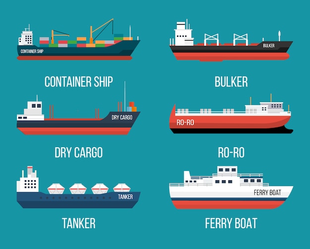 Set van schepen in moderne vlakke stijl. Levering van hoge kwaliteit en scheepvaart boten illustratie