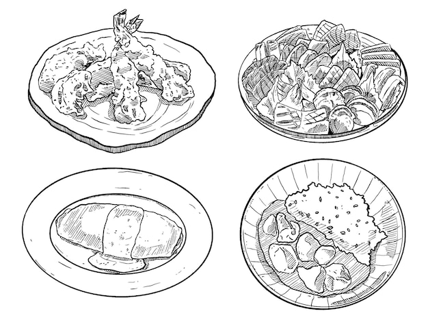 Vector set van schets en met de hand getekend element japans eten collectie set tempura sukiyaki omelet curry rijst