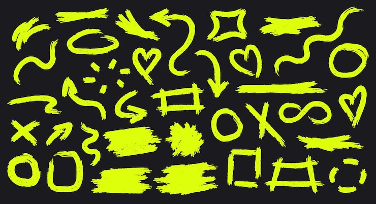 Vector set van schetsmatige grunge highlighters figuren met de hand getekende marker frames pijlen krassen onderstreept