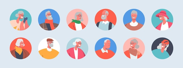 Set van senior mensen avatars volwassen mannen of vrouwen portretten voor sociale media mannelijke en vrouwelijke oudere personages met grijs of wit haar en baarden cartoon vectorillustratie geïsoleerd ronde pictogrammen